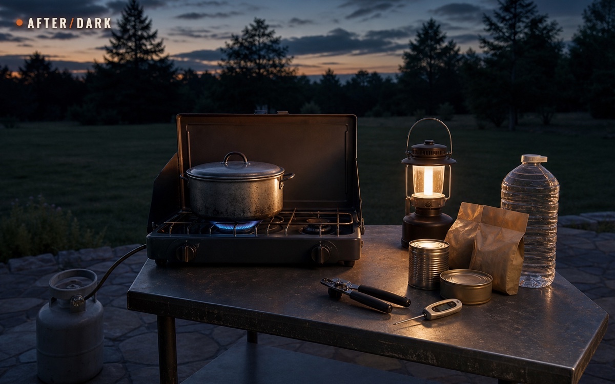 Outdoor outage cooking station with a lidded pot on a camp stove, water, canned food, a thermometer, and a lantern at dusk