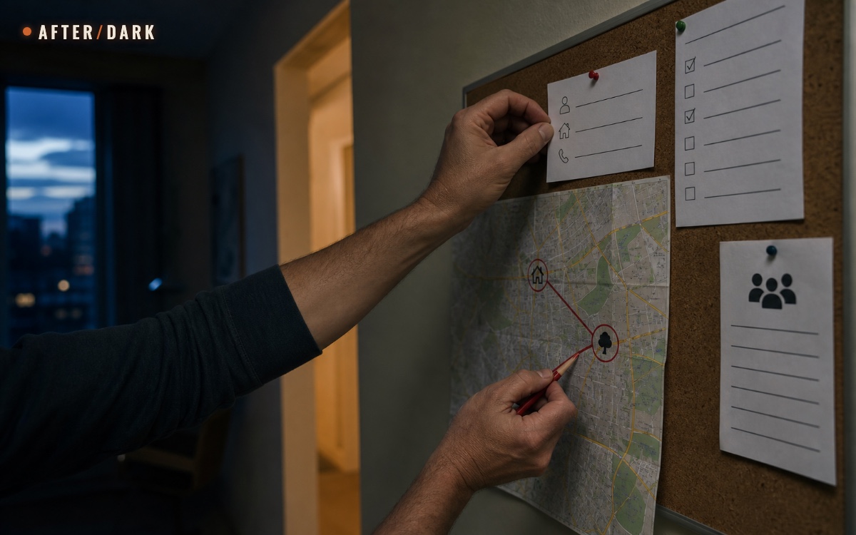 Hands pinning a blank contact card and marking household meeting points on a wall map beside an apartment hallway at dusk