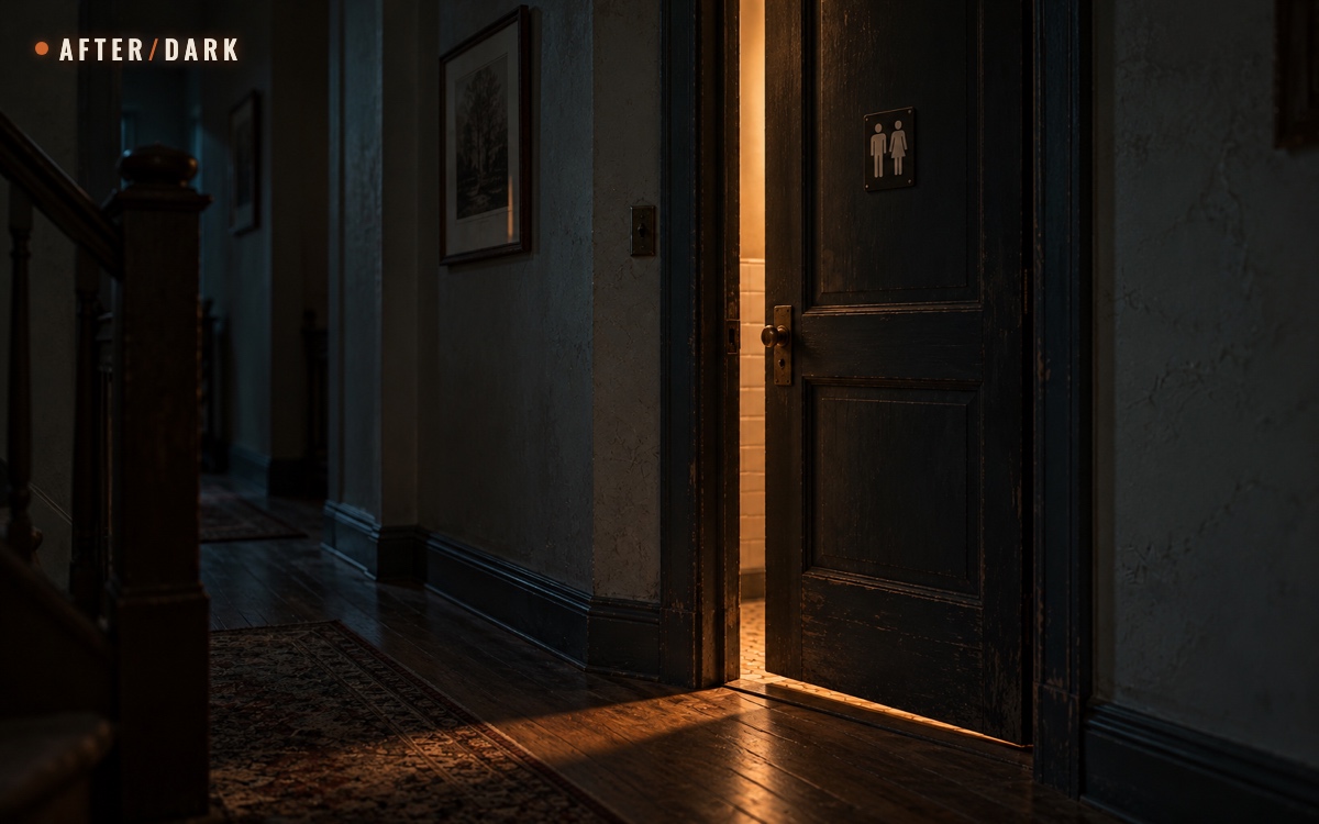 A slightly open bathroom door with a small restroom pictogram in a dark home hallway, casting warm light across the floor amid cool blue shadows