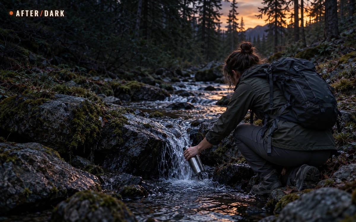 A traveler collecting stream water in a metal bottle from a rocky forest bank at dusk