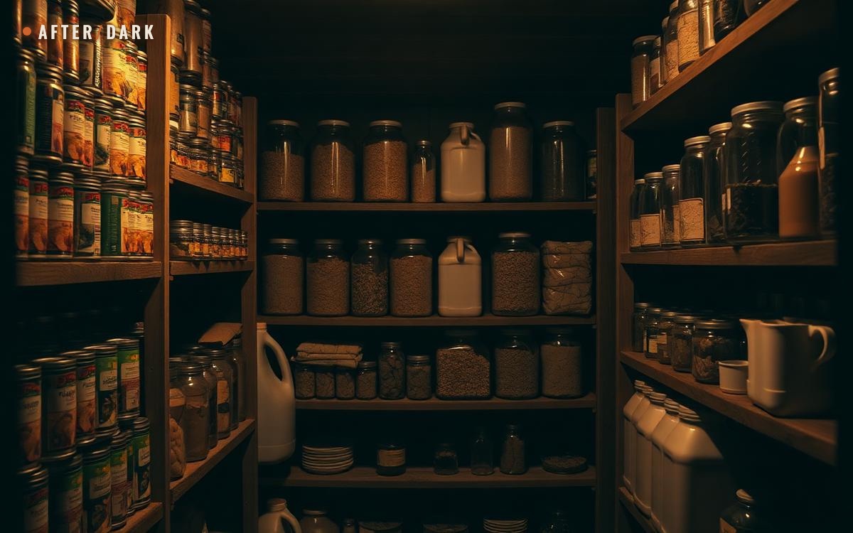 Canned food, dried goods and water jugs stacked on wooden shelves in a dim pantry