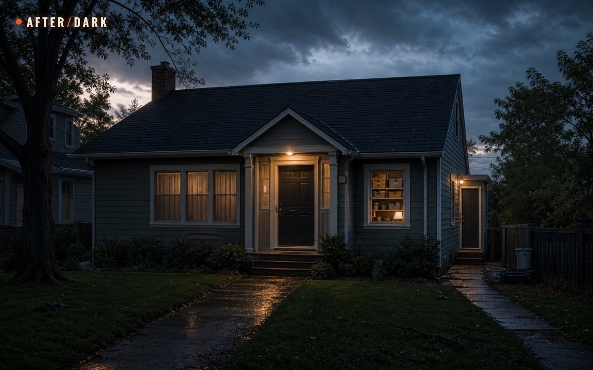 Prepared house at dusk with clear front and side exits, drawn curtains, and organized supplies visible through a lit window