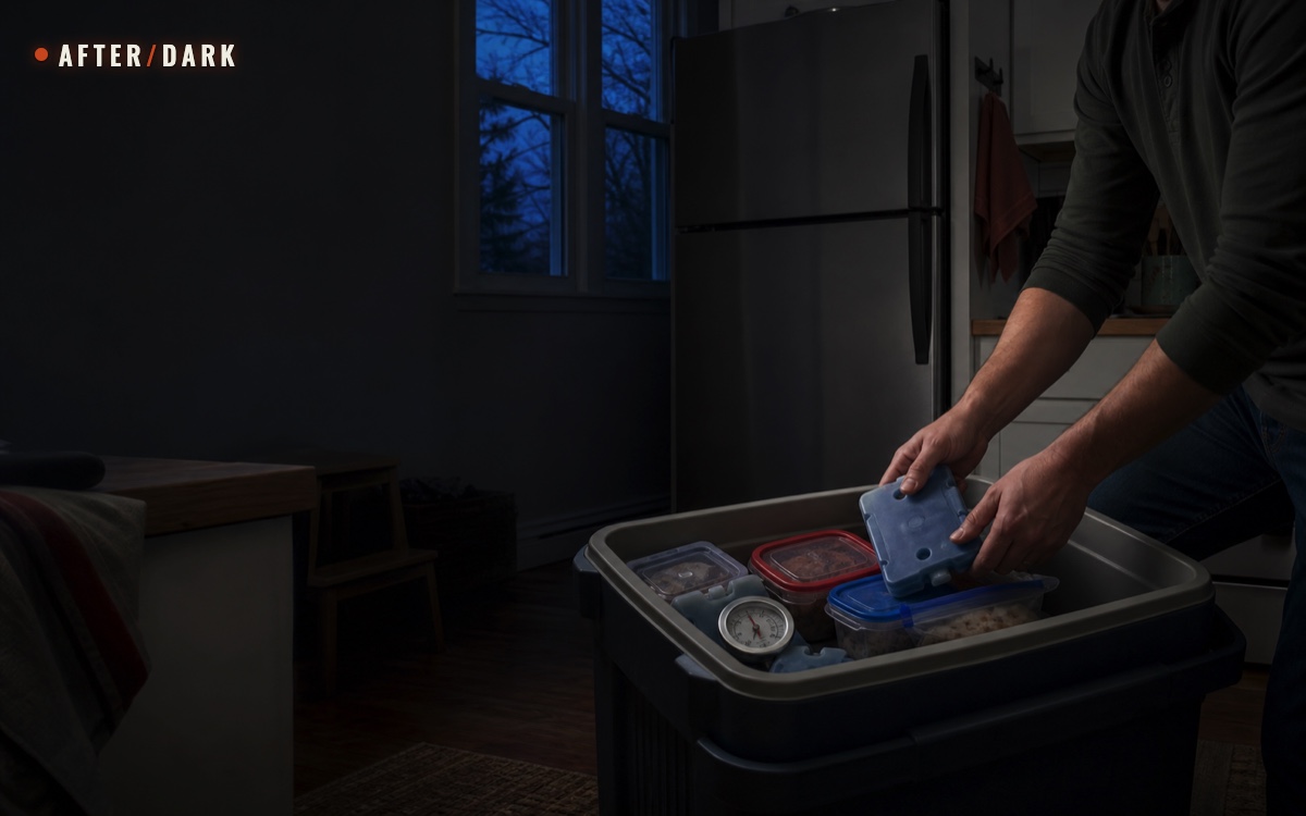 Person packing sealed food and frozen gel packs into an insulated cooler beside a closed refrigerator during a power outage