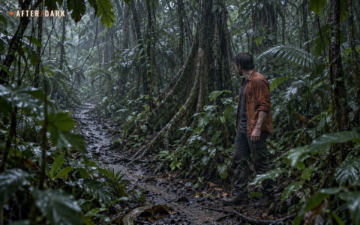 A traveler in a faded orange shirt looks back along a muddy trail among broad leaves and buttress roots in a rain-soaked tropical forest