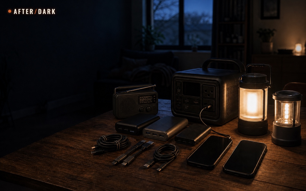 Lantern-lit table with two phones, a compact radio, labeled power banks, charging cables, and a small portable power station at dusk