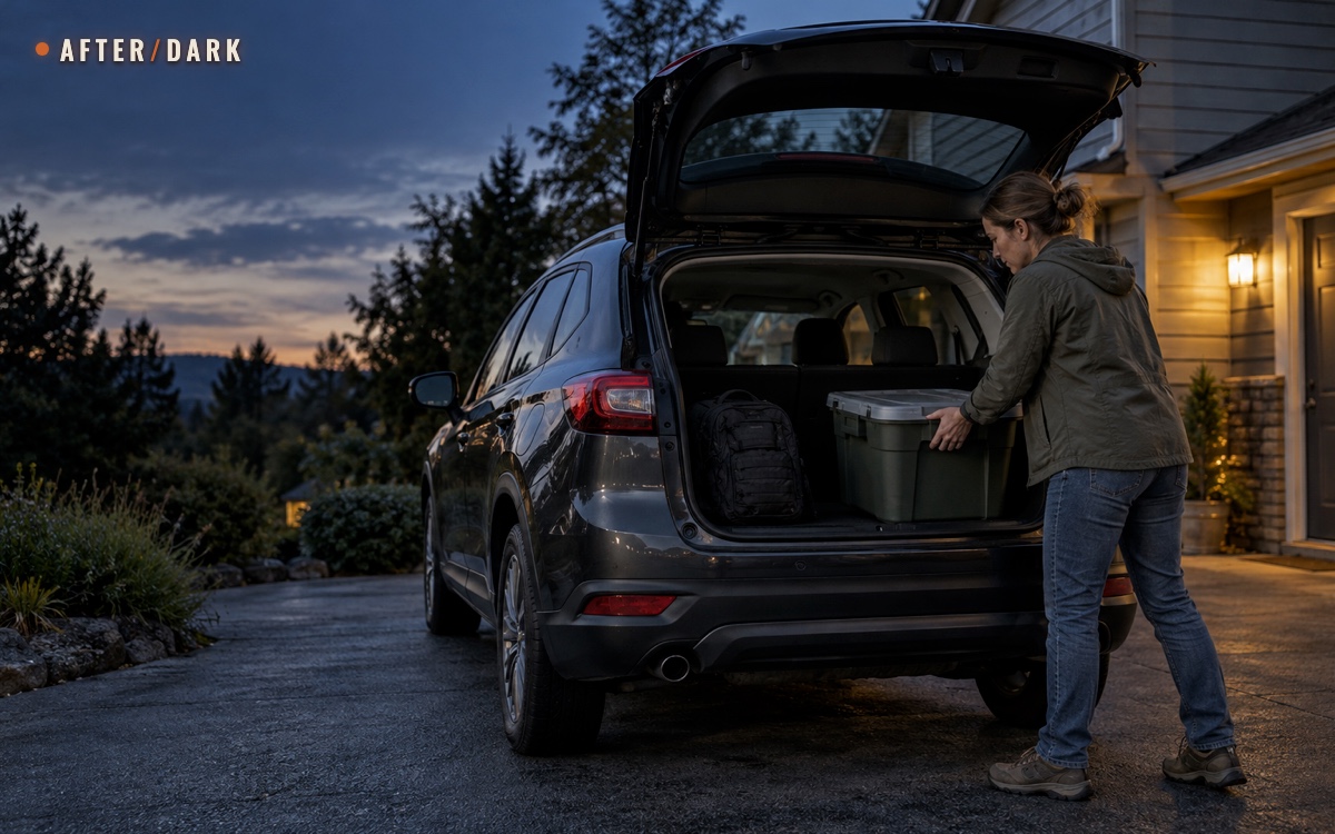 A person loading a lidded supply bin into the open cargo area of a household car in a residential driveway at dusk