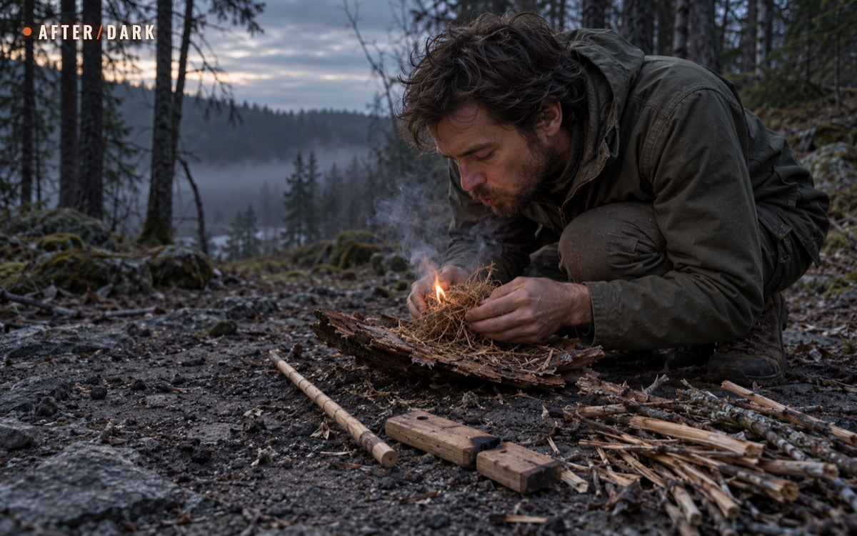 A man crouches in a dark forest clearing and blows a tinder nest into flame beside a wooden hand drill and gathered kindling