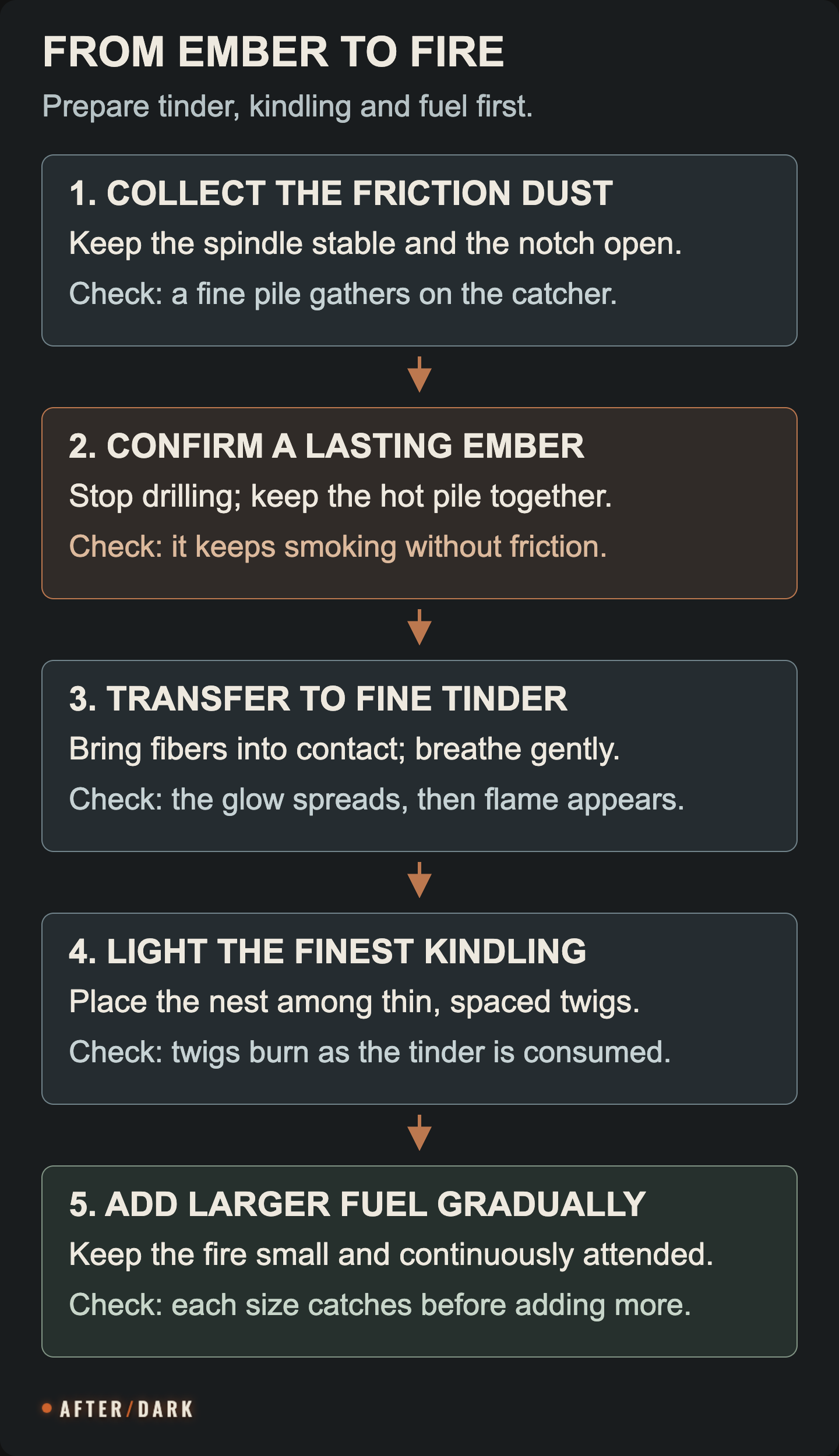 Sequence from collected friction dust to a persistent ember, burning tinder, lit kindling and a small sustained fire.